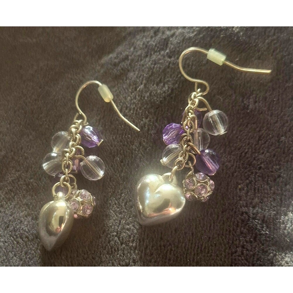 Y2K Silver Puffy Heart Dangle Earrings Purple Iridescent Bead Cluster Shimmer